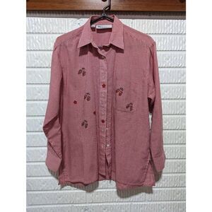 Mili Design Womens Red Checked Blouse with Jewel Lady Bugs Button Up Shirt Small